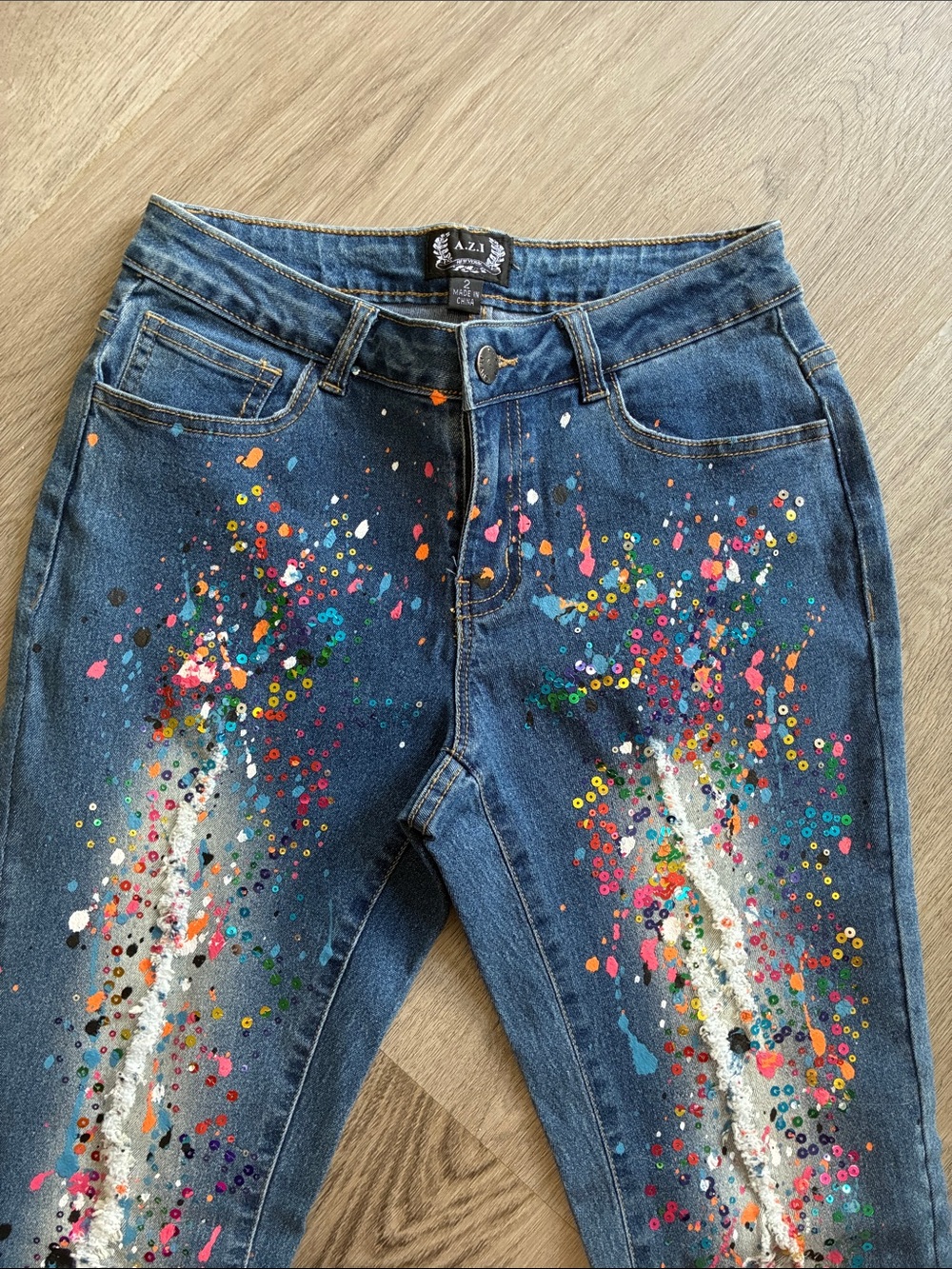 A.Z.I Paint Splatter Skinny Jeans in Blue Denim - Picture 3 of 5